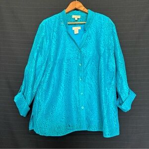 Choices Teal Blue Sheer Long Sleeve Button Front Shirt with layering tank XL